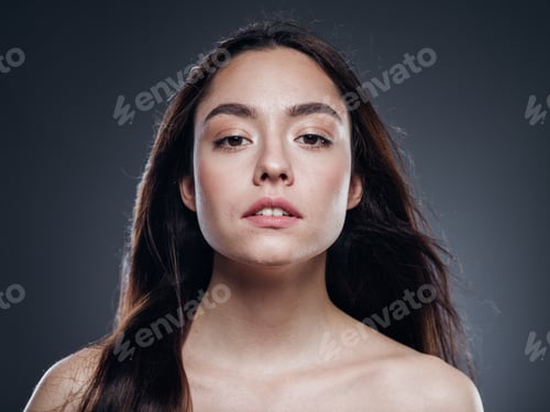 Preview: Beautiful woman smooth long hair brunette natural make up beautiful female portrait dark background