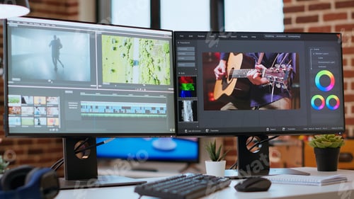 Preview: Dual Computer Monitors Displaying Digital Editing Software