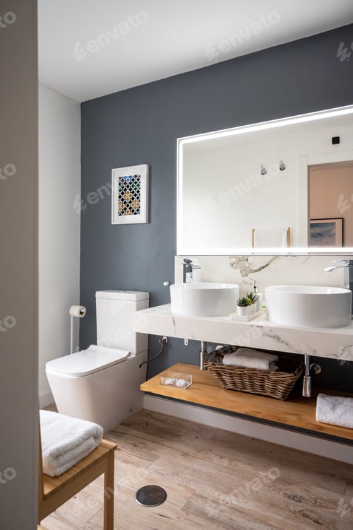 Preview: Interior of light modern bathroom with a mirror with light