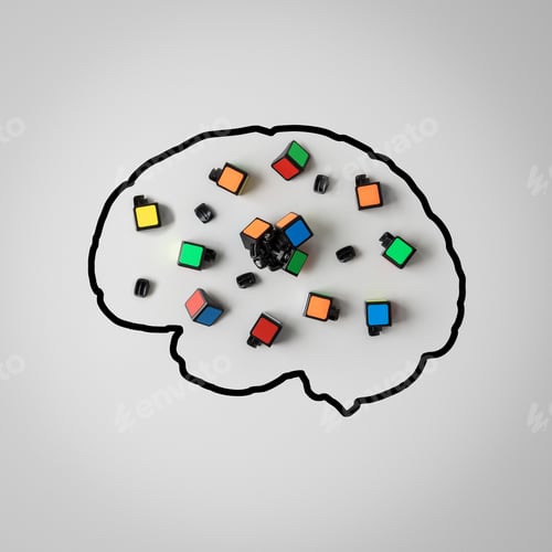 Preview: Concept of mental health. Silhouette of a human brain with a broken puzzle on a gray background.