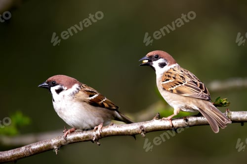 Preview: Pair of House Sparrows Perched on a branch, facing the camera