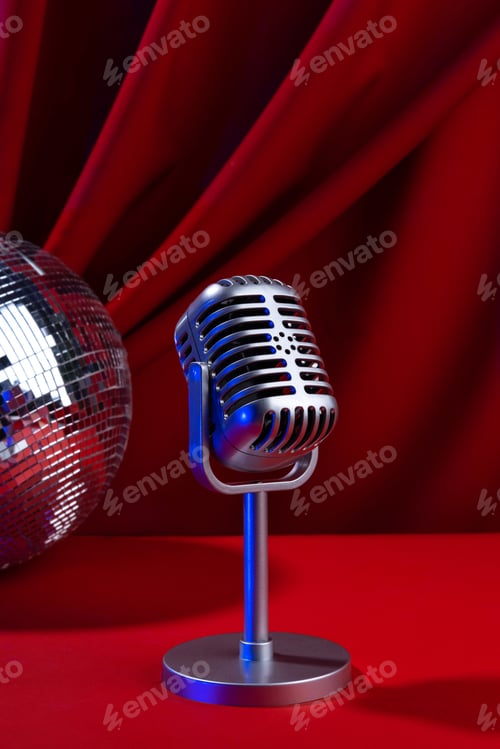 Preview: Retro microphone close-up with neon lights against the background of a red curtain.