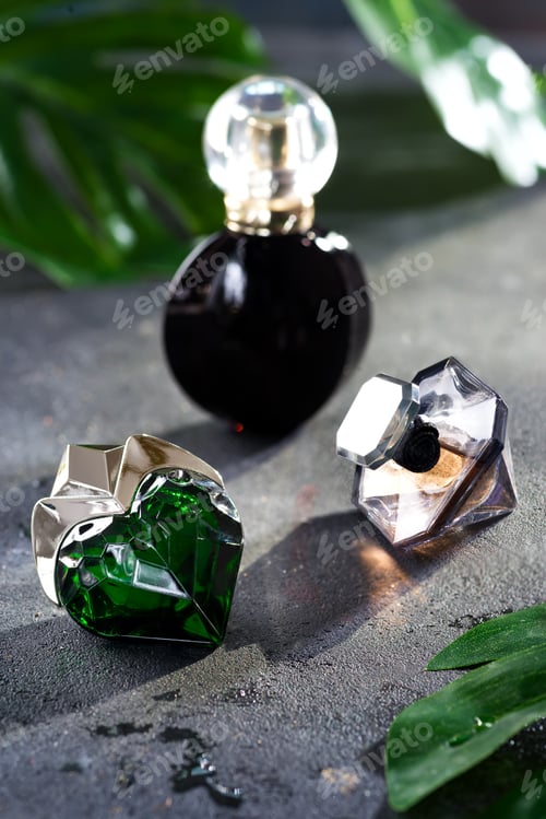 Preview: Women's perfume in beautiful bottle with green leaves on a black concrete background with bright