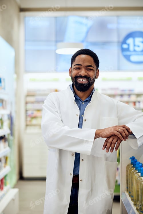 Preview: Smiling Pharmacist Standing Confidently in a Bright Modern Chemist Setting