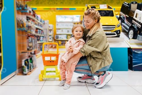 Preview: Happy mother with little daughter in kids store