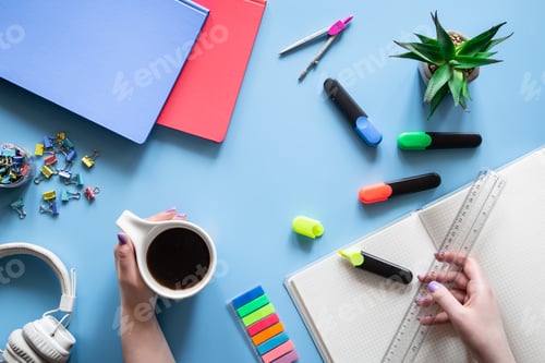 Preview: Flat lay with stationery items, pupil and student workplace concept.