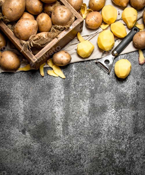 Preview: The peeled potatoes with an old wooden box. On rustic background.