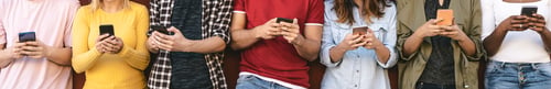 Preview: Group young friends using mobile smartphone outdoor