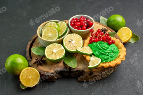 Preview: front view delicious creamy cake with fruits on a dark background cookie biscuit sweet