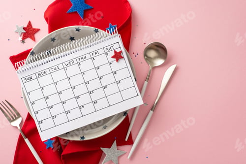 Preview: Patriotic table setting for American Independence Day. Top view of symbolic accessories