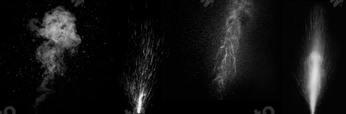 Preview: Set of different curly white steam and splashing water splashing isolated on black background.
