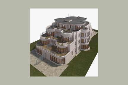 Preview: Curvilinear two-story building with multi-level windows and balconies