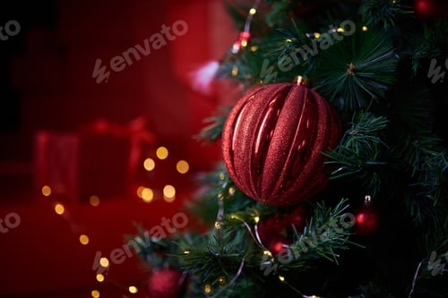 Preview: Decorated christmas tree, ornaments against a Defocused Lights and gifts box Background