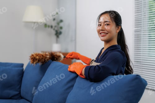Preview: Smiling housekeeper dusting sofa in living room
