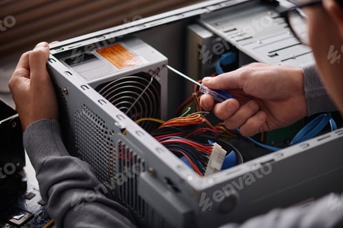Vista previa: Male Technician Working on Damaged System Unit of PC
