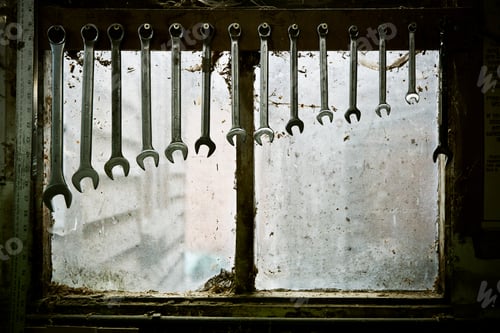 Preview: A tool rack with spanners of varying sizes hanging up in order.