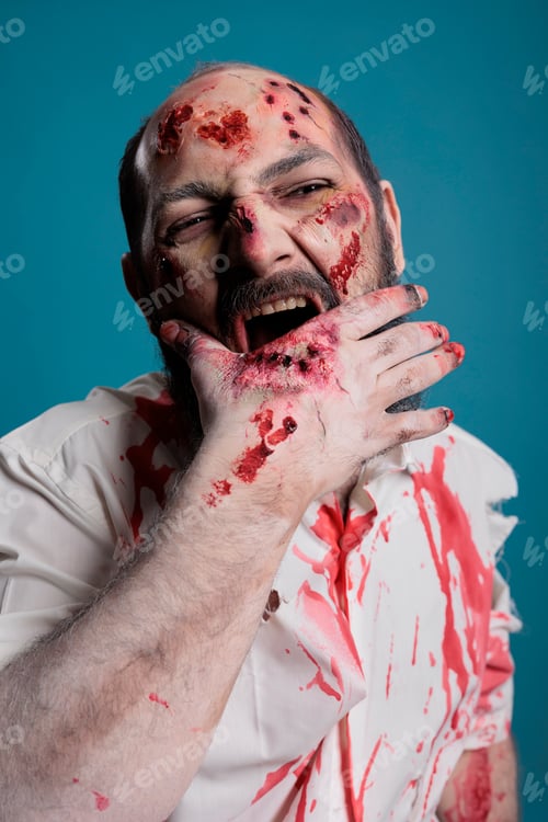 Preview: Spooky deadly zombie biting bloody hand