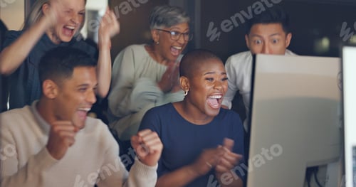 Preview: Clapping, winning and business people on computer at night for global sales, stock market or result
