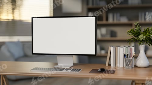 Preview: The white screen computer on the wooden table with books and decors in the bedroom or living room.