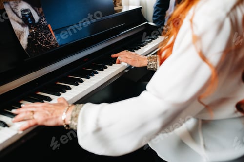 Preview: woman musician plays synthesizer on holiday