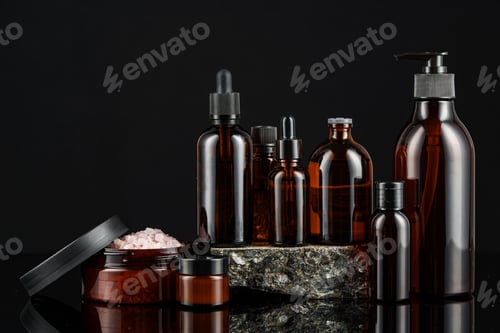 Preview: Collection of amber glass bottles arranged on a dark reflective surface, showcasing various shapes