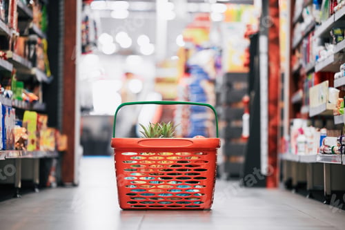Preview: Supermarket, shopping and store grocery basket on floor of retail food shop for eating, drinking an