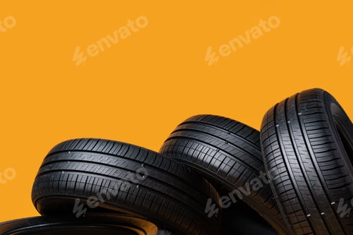 Preview: Car tires isolated on yellow background, close up