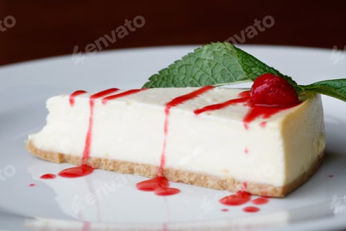 Preview: Close-up of the portion strawberry cheesecake on a white plate
