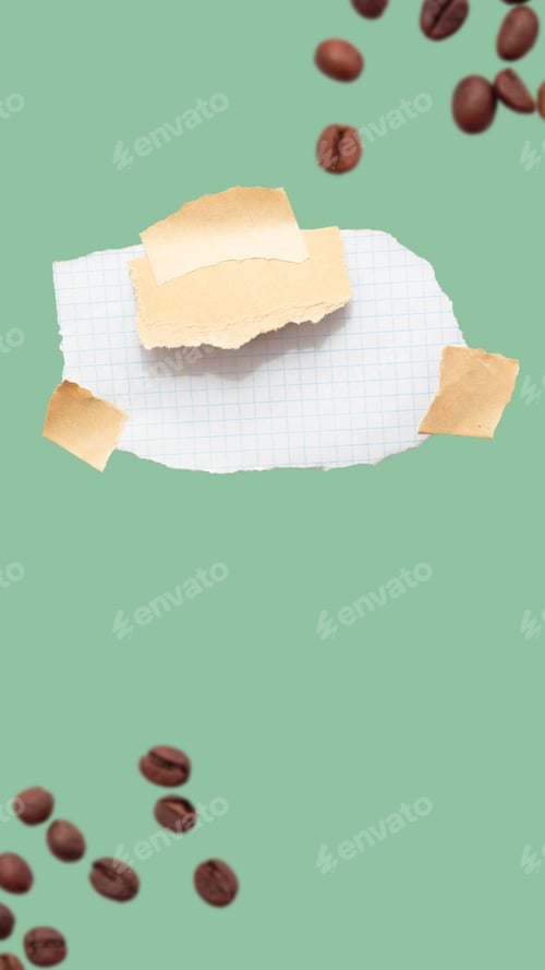 Preview: Torn piece of school notebook in a grid and brown piece of paper with beige tape on green background