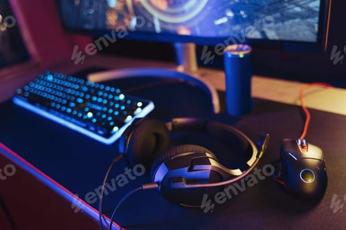 Preview: Professional gaming setup in neon lights laying on desktop