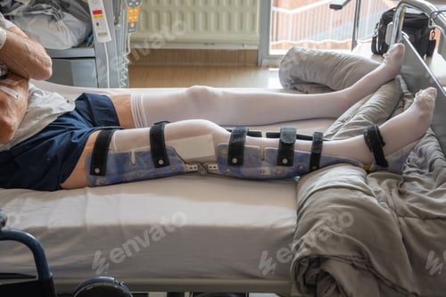 Preview: man with broken leg in an orthosis on bed in a clinic after an accident and a fracture of the femur