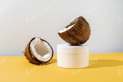 Preview: Two halves of coconut and a jar of cosmetics on a yellow and gray background