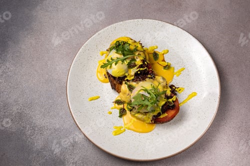 Preview: Delicious plate with freshly prepared breakfast made of toasted bread, toppings, and vegetables