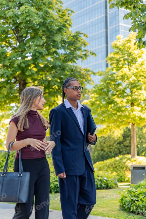 Preview: vertical multicultural Business partners walking and talking in the financial district