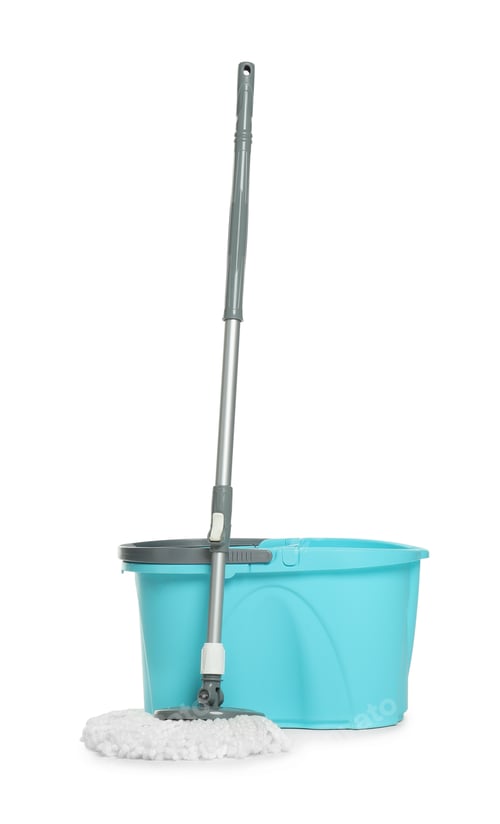 Preview: String mop and bucket isolated on white. Cleaning equipment