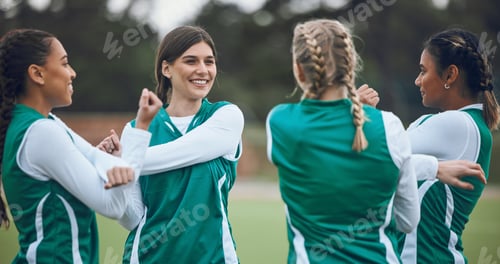 Preview: Field, women and team stretching, fitness and warm up with exercise, wellness and sports. Hockey, g