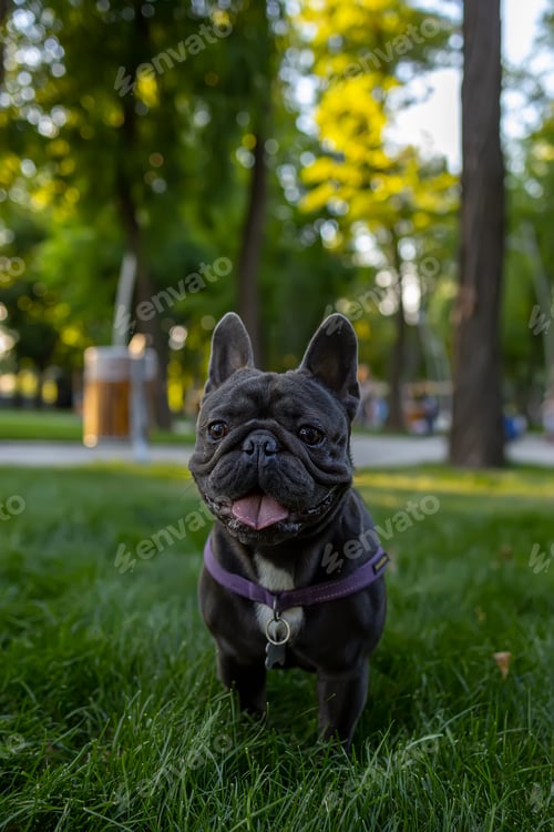 Preview: dog stuck out his tongue and looked around in the park French bulldog obeyed the command to sit down