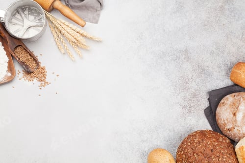 Preview: Various bread with wheat, flour and cooking utensils
