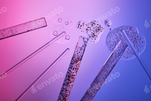 Preview: Test tubes with serums and various scientific laboratory supplies on a blue-purple background.