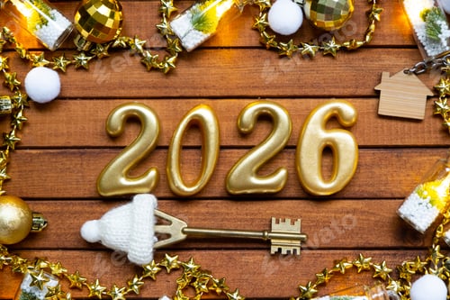 Visualização: Figuras douradas número 2026 e pequena casa no fundo de janelas aconchegantes de uma casa