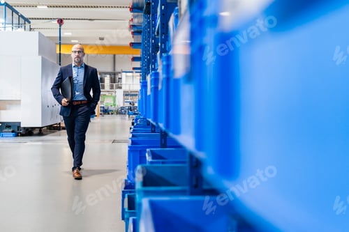 Preview: Businessman with folder walking in factory