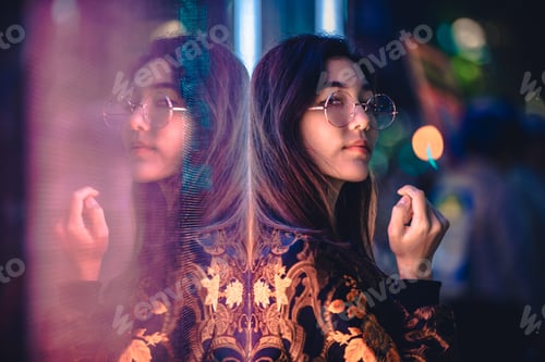 Preview: Pretty asian woman portrait with led lights