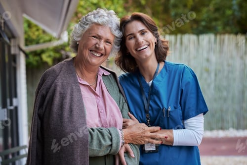 Preview: Portrait of senior woman with nurse smiling together