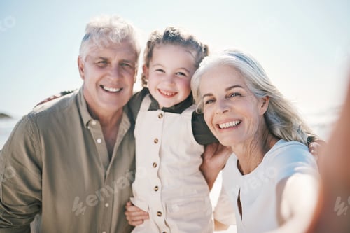 Preview: Family, selfie and beach holiday with grandparents and young girl together with a smile. Happy, chi