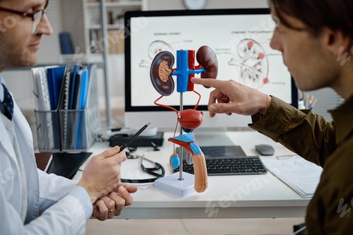 Preview: Middle Aged Caucasian Man Consulting Urologist Discussing Urinary System Model
