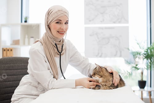 Preview: Vet using stethoscope for examining cat in modern clinic