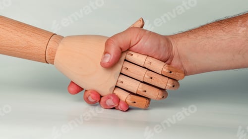 Preview: Wooden hand performing the greeting action with a hand of a person