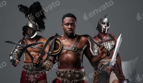 Preview: Black gladiator with naked torso with two comrades