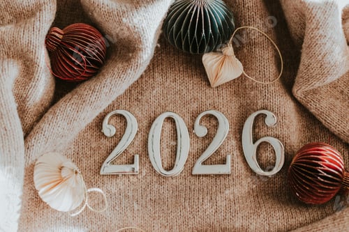 Visualização: Decoração festiva de Natal de 2026 com enfeites e cobertor quente