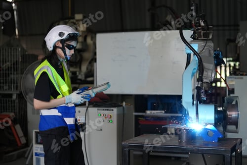 Preview: Robotics engineer working on maintenance of robotic arm in factory warehouse. Business technology.